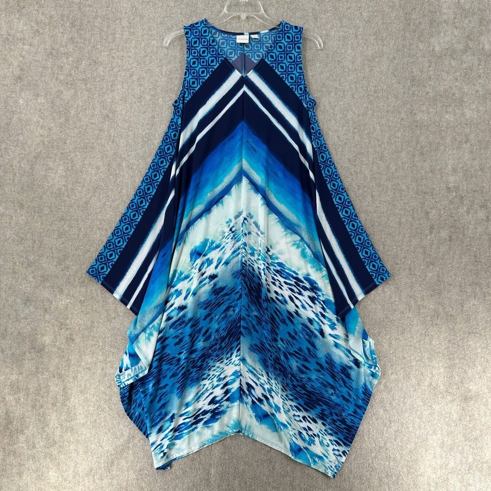 Chicos Blue Wave Sleeveless‎ Winged maxi Dress Womens LARGE Boho Asymmetrical
